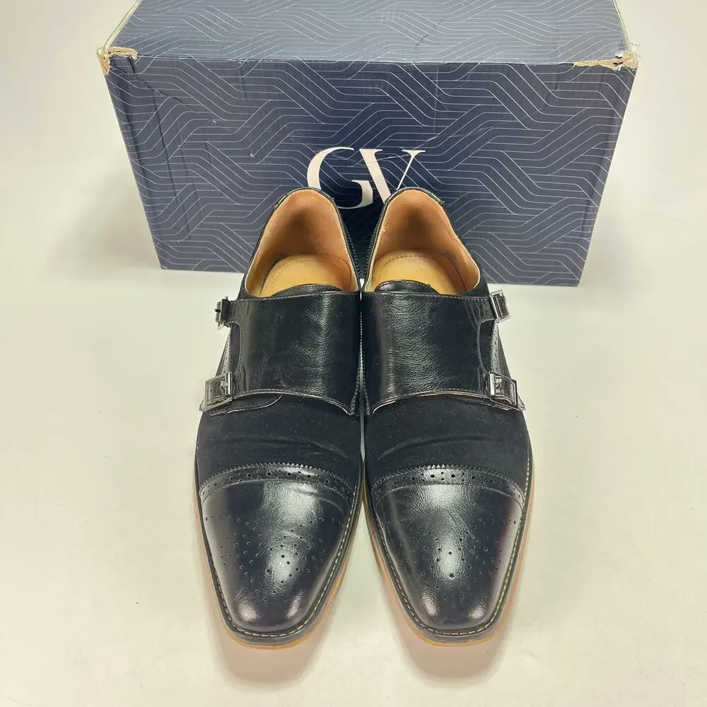 Gino Vitale Black Leather Double Monk Strap Brogue Dress Shoes GV927 Men's Sz 11